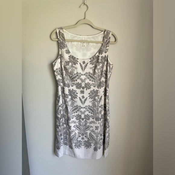 Ann Taylor Loft Silk Linen Blend Floral Paisley Sheath Dress in White Grey 10 - Picture 1 of 5